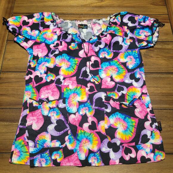 Peaches Psychedelic Hearts Scrub Blouse w/ Tie Neck - Size XS - Picture 1 of 6